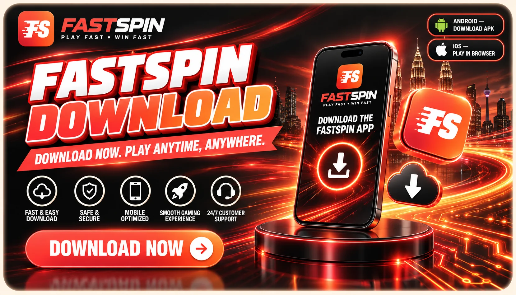 Fast Spin download banner: get the Android APK or play instantly on iOS in your browser