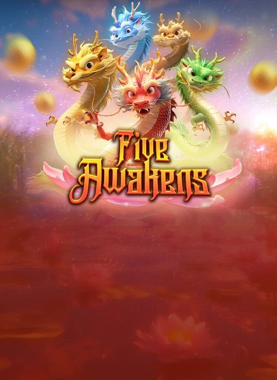 Five Awakens slot game key art, featuring five colorful dragons
