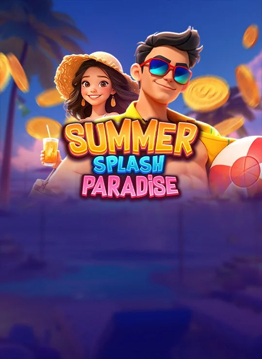 Summer Splash Paradise slot game key art, featuring a couple at the beach